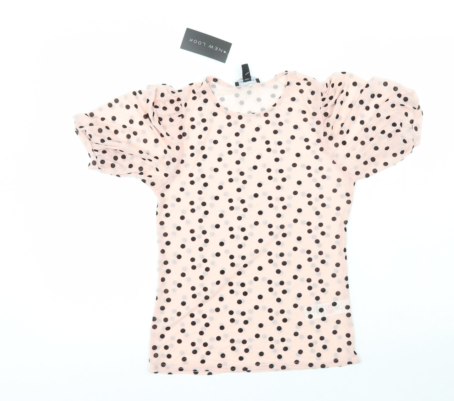New Look Womens Pink Polka Dot Nylon Basic Blouse Size 12 Crew Neck