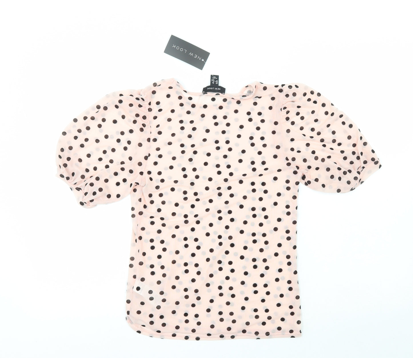 New Look Womens Pink Polka Dot Nylon Basic Blouse Size 12 Crew Neck