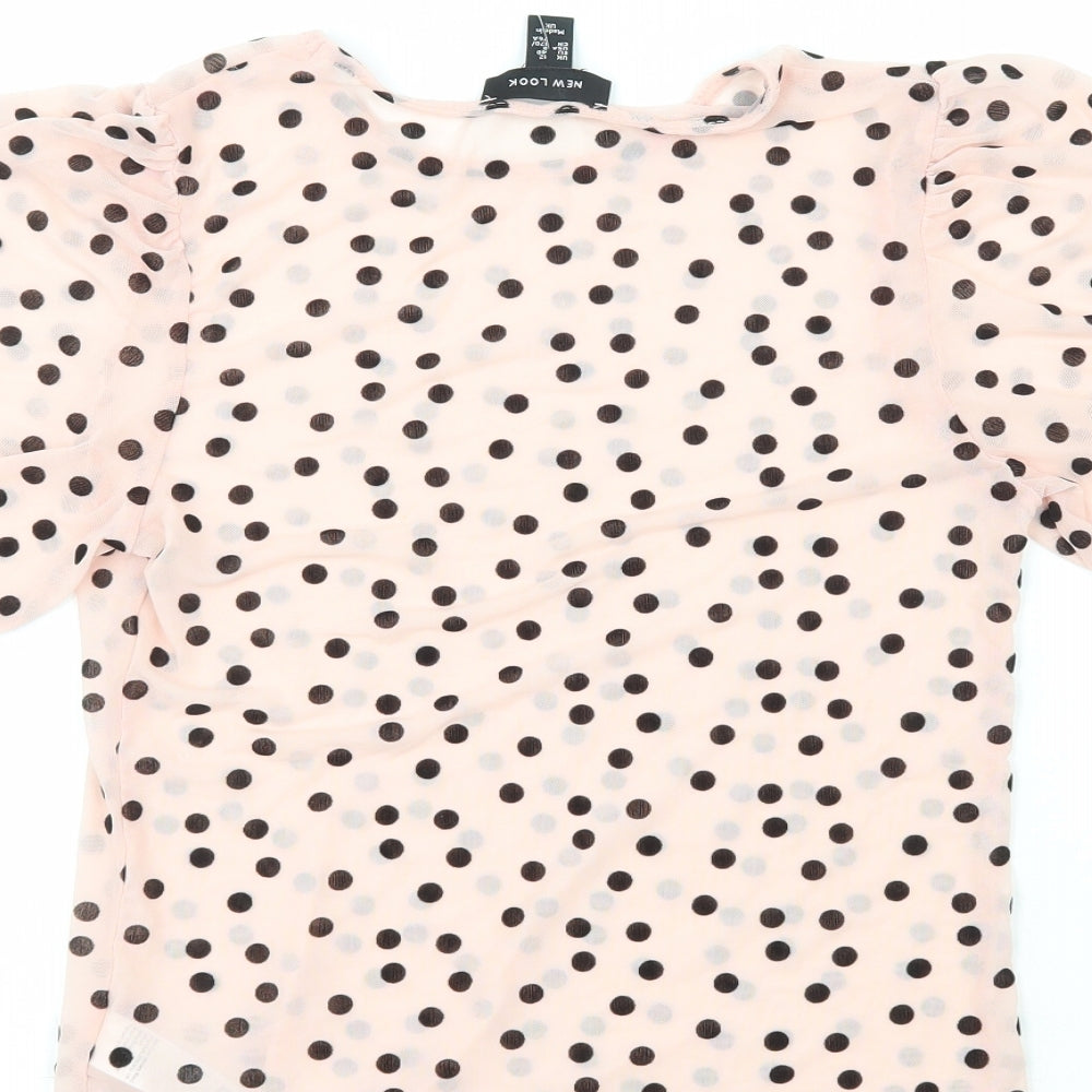 New Look Womens Pink Polka Dot Nylon Basic Blouse Size 12 Crew Neck