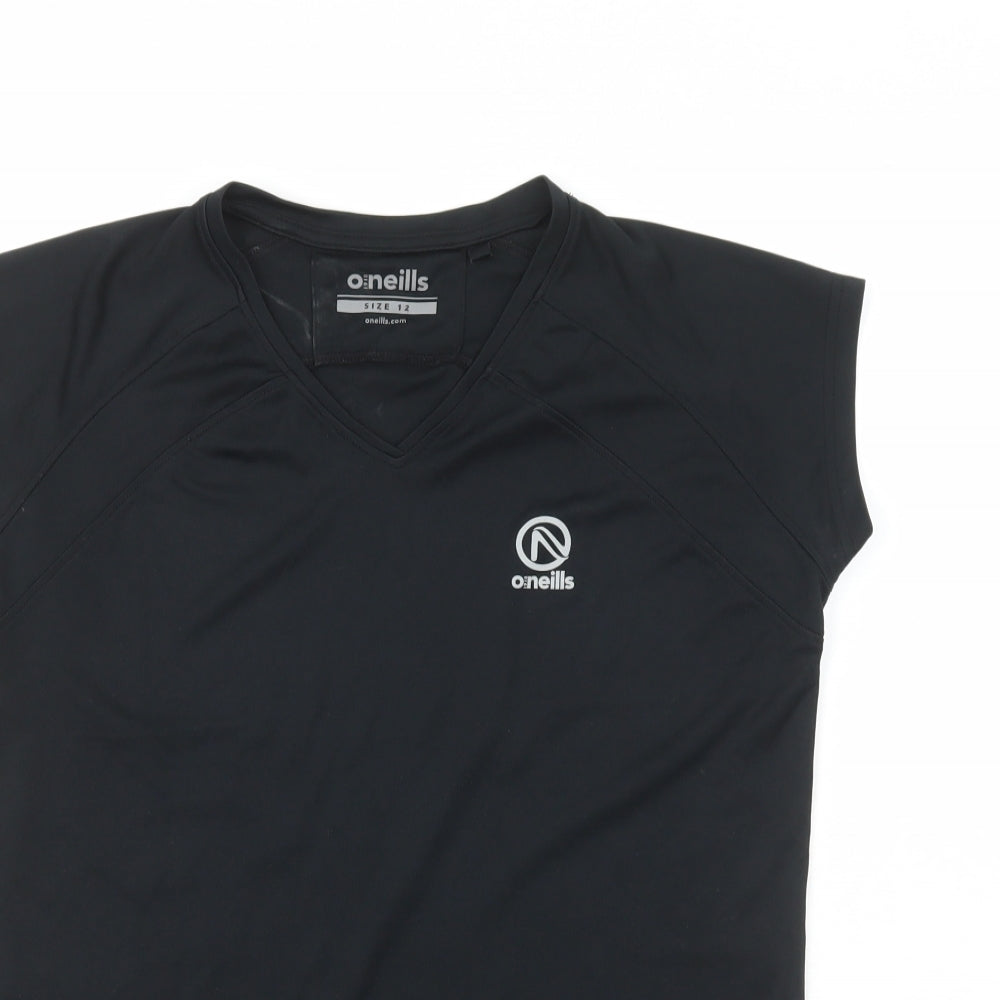O Neills Womens Black  100% Polyester Basic T-Shirt Size 12 V-Neck