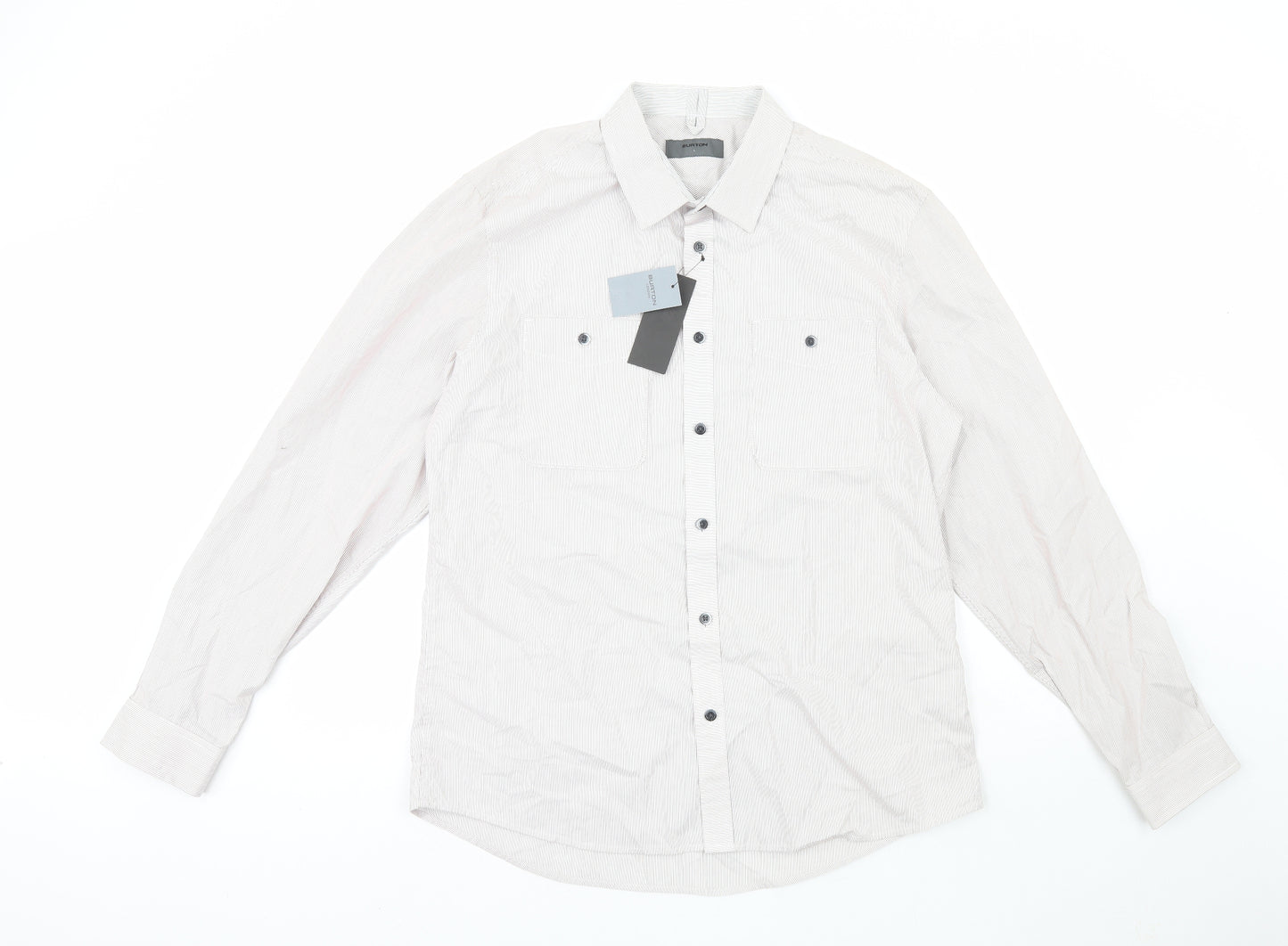Burton Mens Grey Striped Cotton  Button-Up Size L Collared