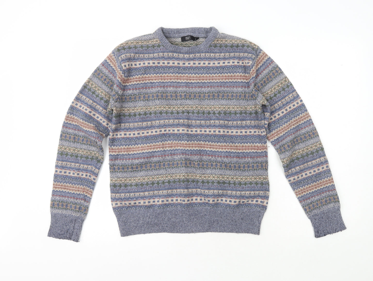 F&F Womens Multicoloured Crew Neck Fair Isle Cotton Pullover Jumper Size S
