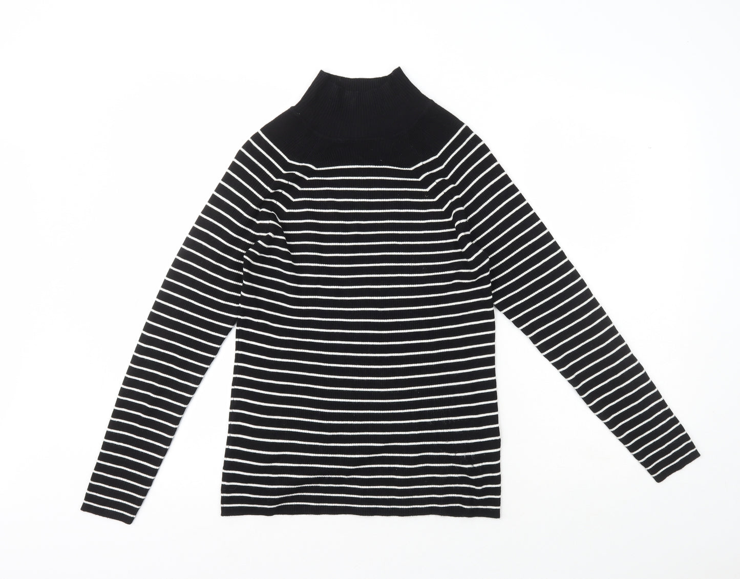 Marks and Spencers Womens Black High Neck Striped Viscose Pullover Jumper Size 12