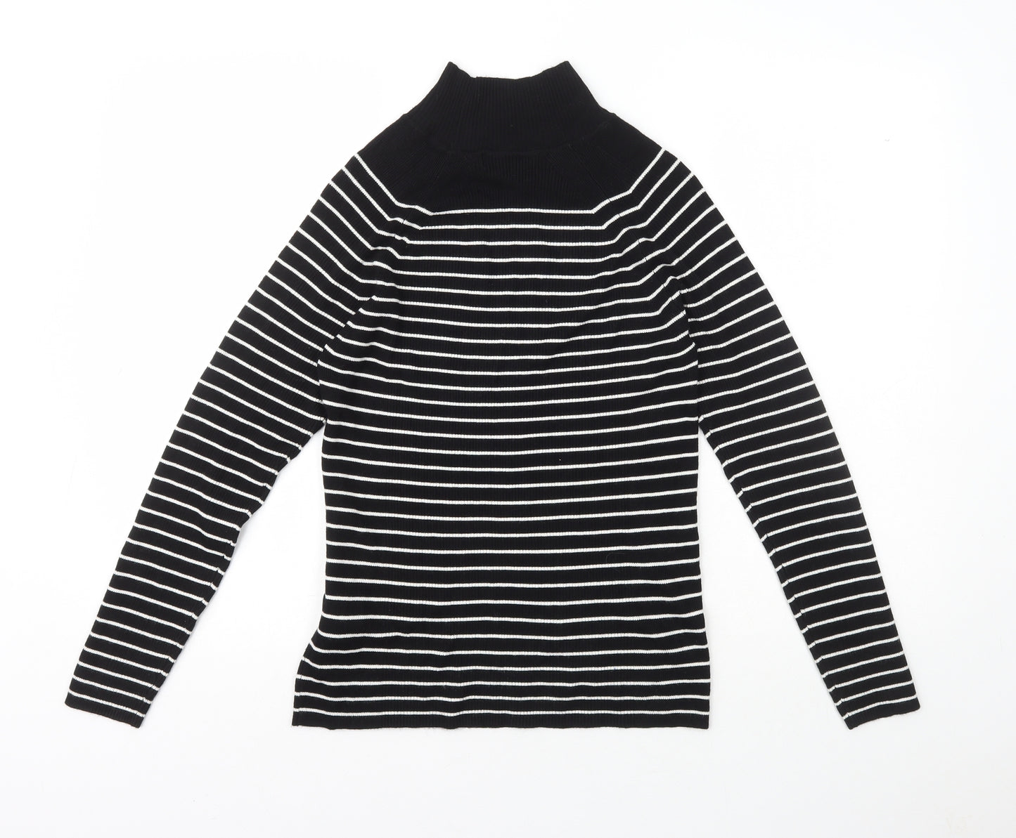 Marks and Spencers Womens Black High Neck Striped Viscose Pullover Jumper Size 12