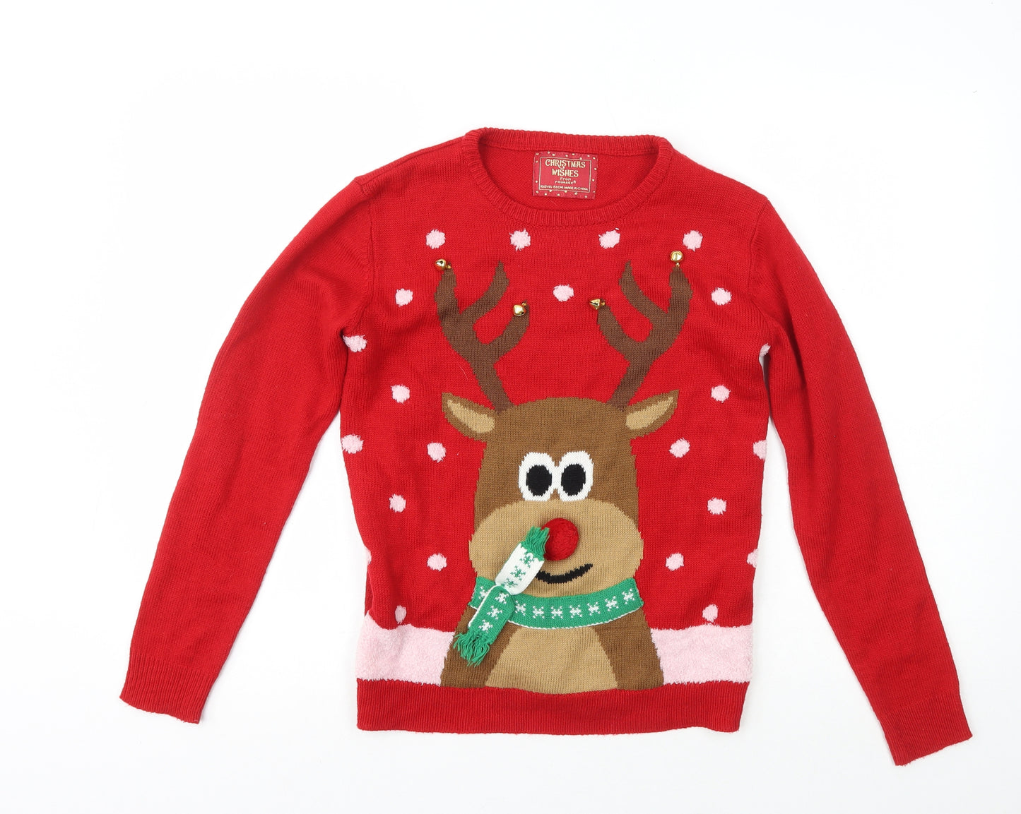 Primark Boys Red Crew Neck  Acrylic Pullover Jumper Size 12-13 Years   - Reindeer