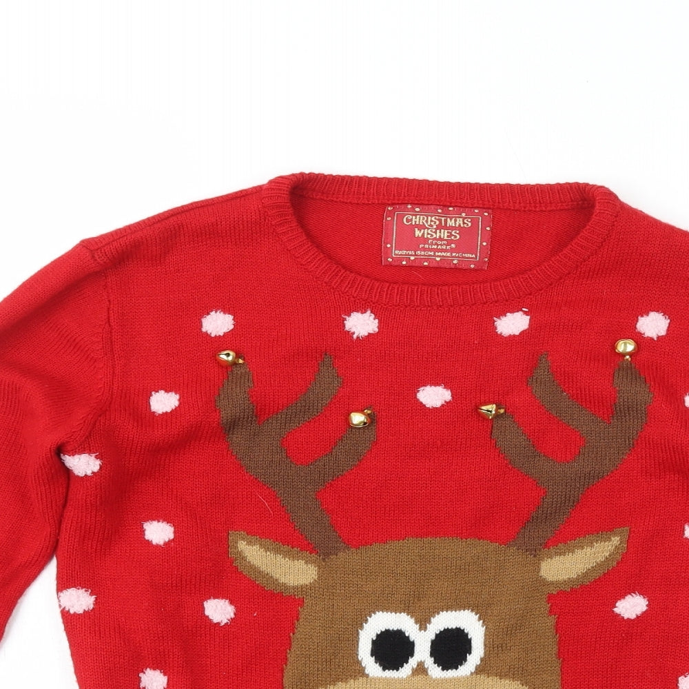 Primark Boys Red Crew Neck  Acrylic Pullover Jumper Size 12-13 Years   - Reindeer