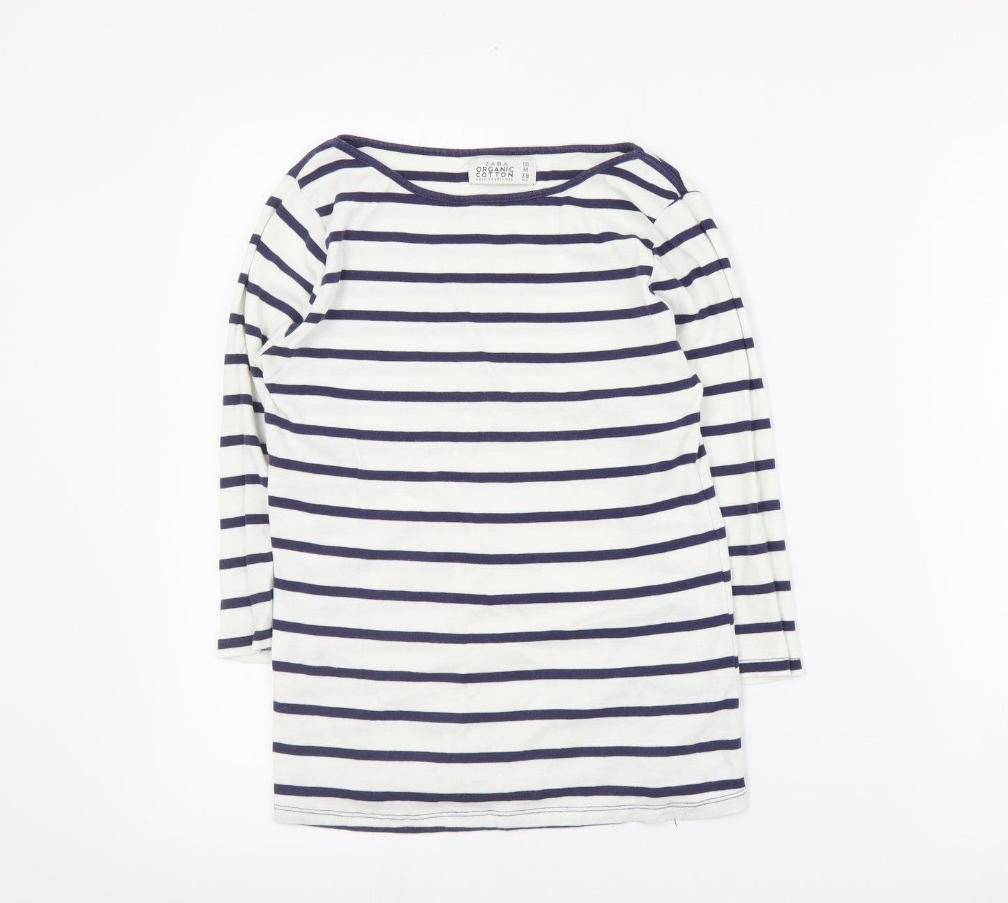 Zara Womens Blue Striped Cotton Basic T-Shirt Size M Boat Neck