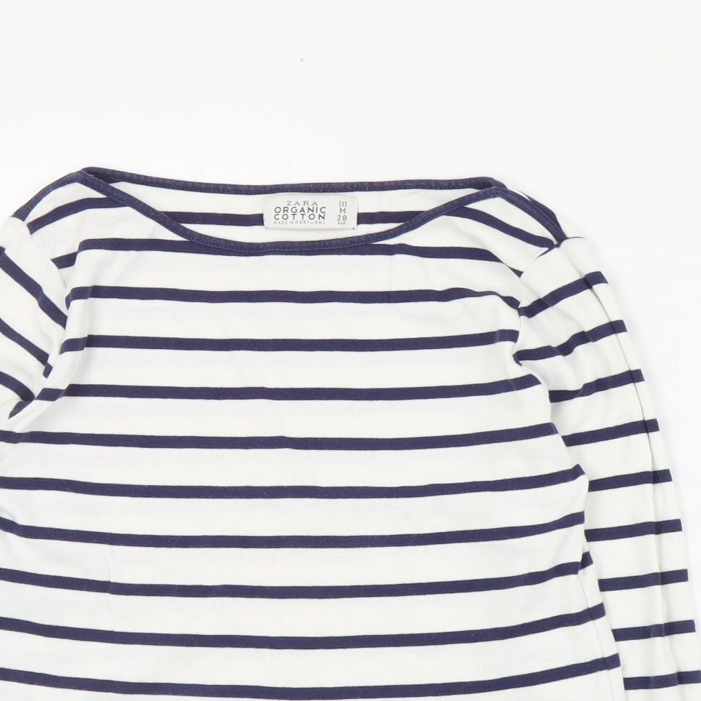 Zara Womens Blue Striped Cotton Basic T-Shirt Size M Boat Neck