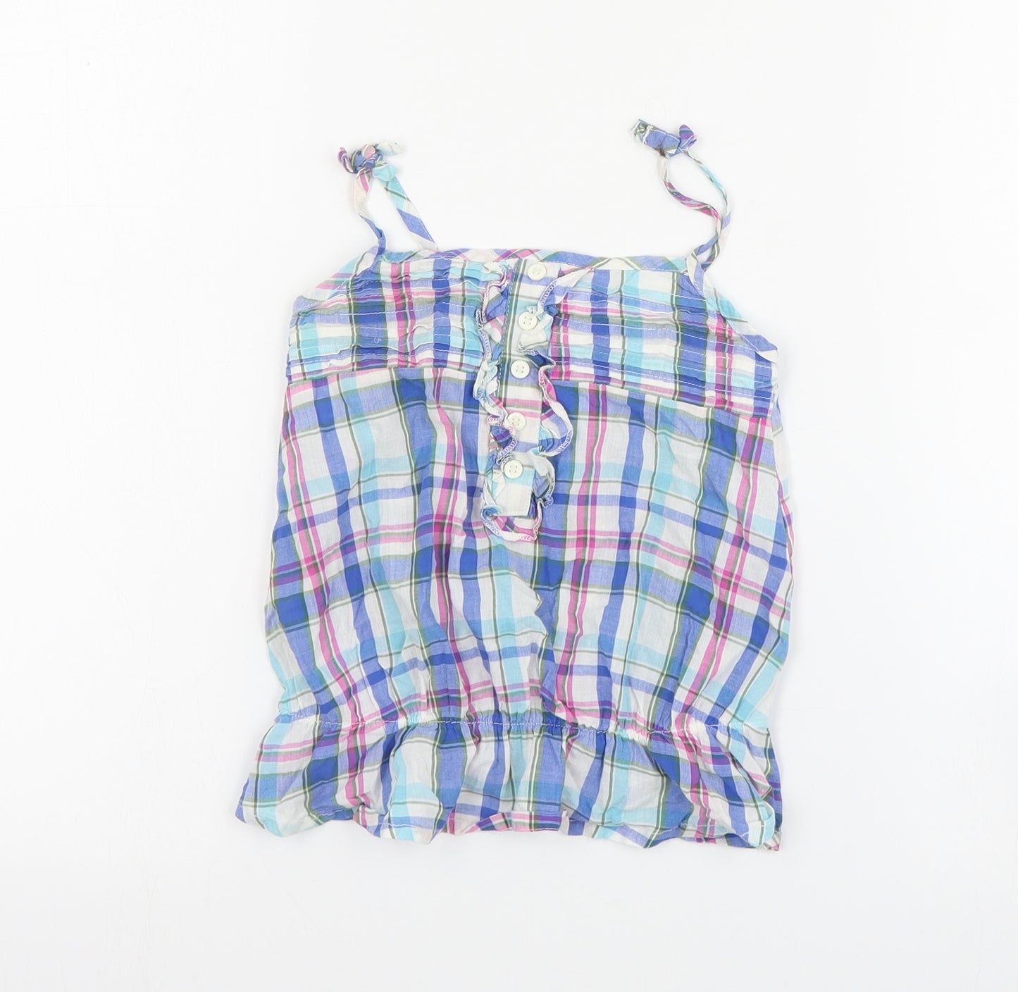 NEXT Girls Blue Plaid Cotton Basic Tank Size 6 Years Round Neck Pullover