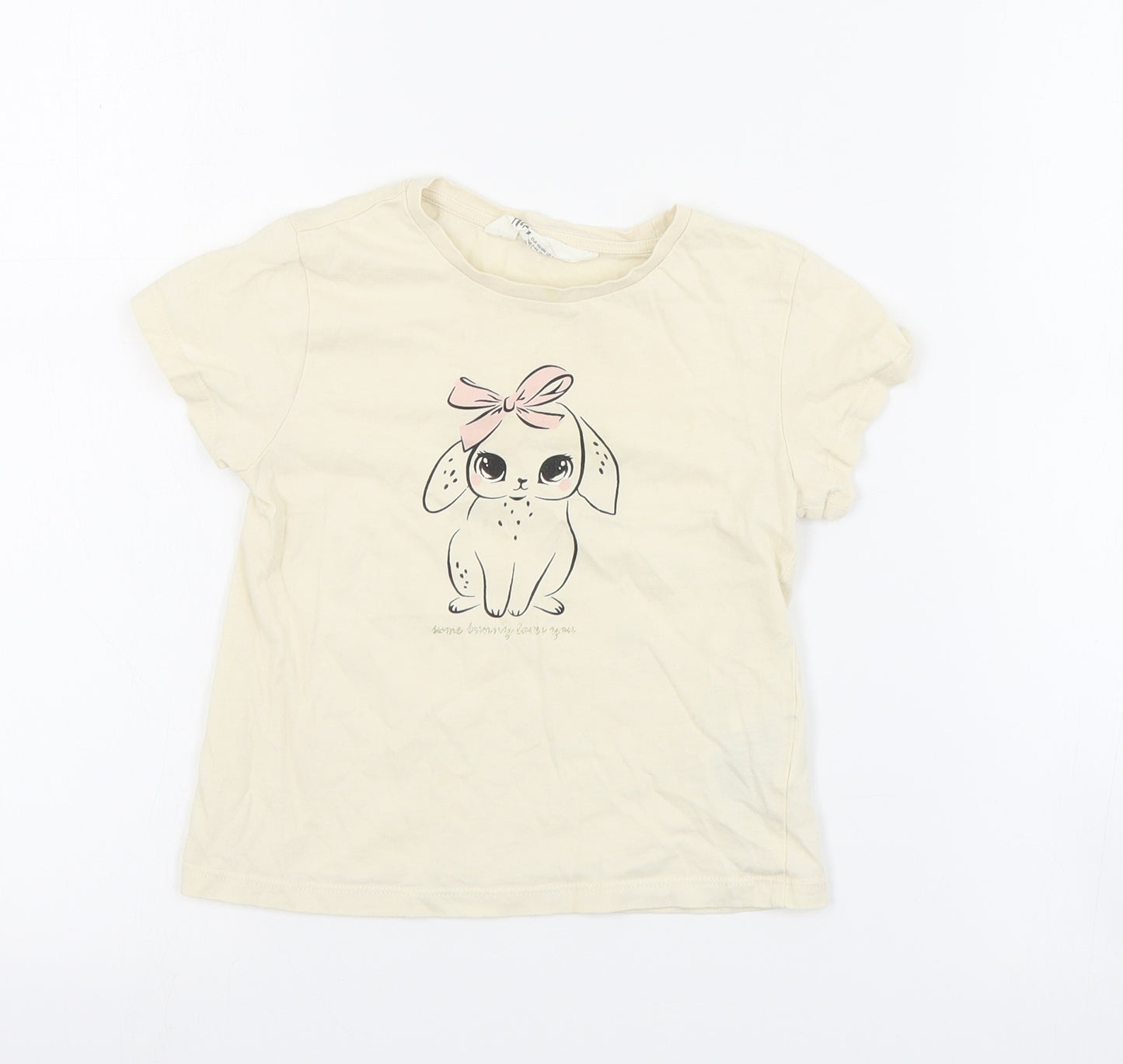 H&M Girls Beige  Cotton Pullover T-Shirt Size 3-4 Years Crew Neck Pullover - Bunny