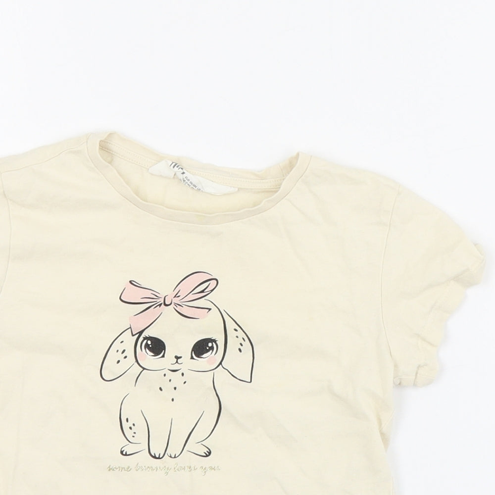 H&M Girls Beige  Cotton Pullover T-Shirt Size 3-4 Years Crew Neck Pullover - Bunny