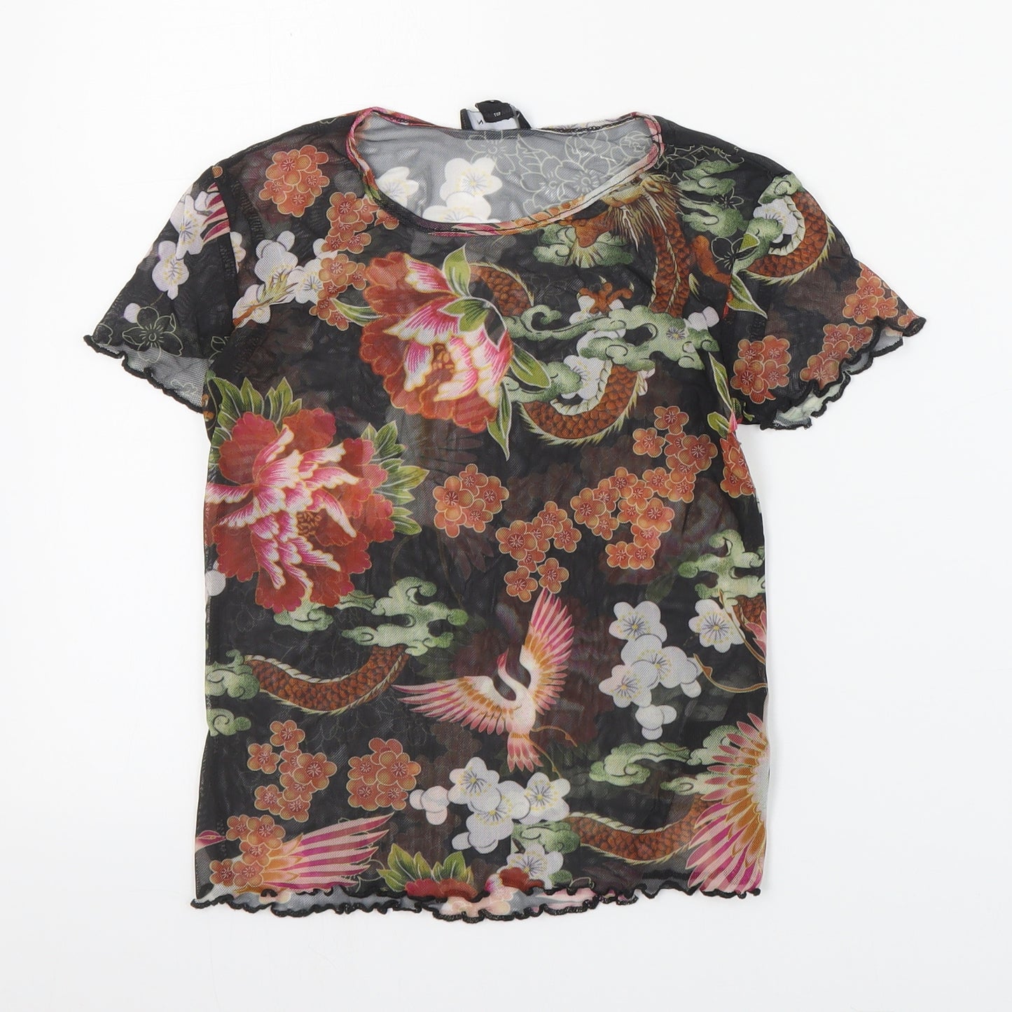 New Look Womens Black Floral Polyester Basic T-Shirt Size 10 Round Neck