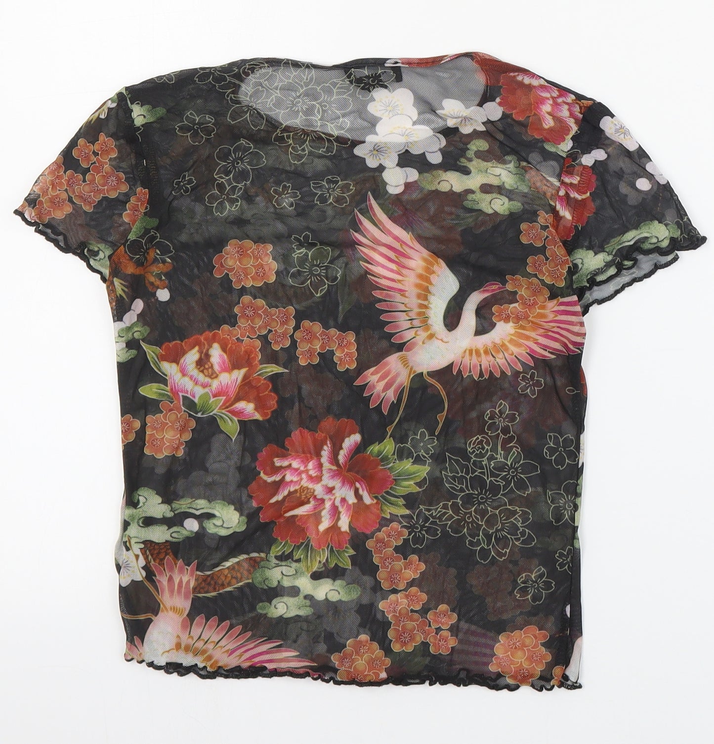 New Look Womens Black Floral Polyester Basic T-Shirt Size 10 Round Neck