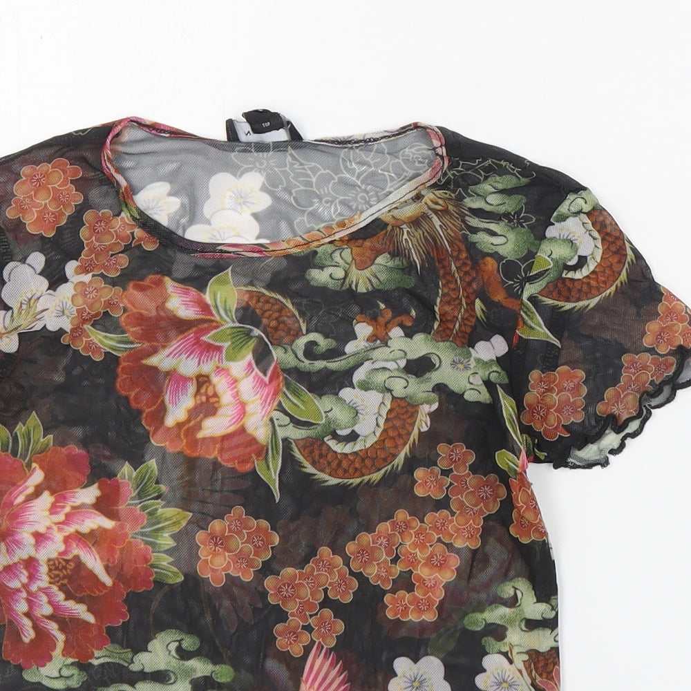 New Look Womens Black Floral Polyester Basic T-Shirt Size 10 Round Neck