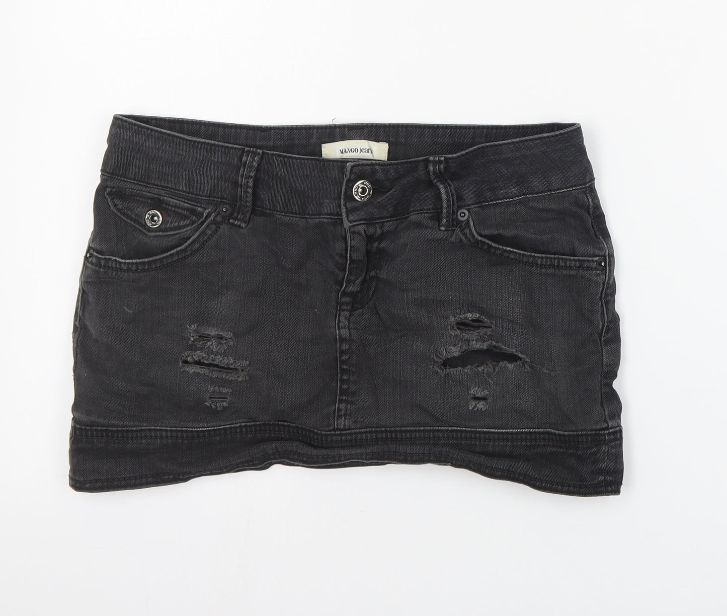 Mango Womens Black  Cotton Mini Skirt Size 8   Zip - Distressed
