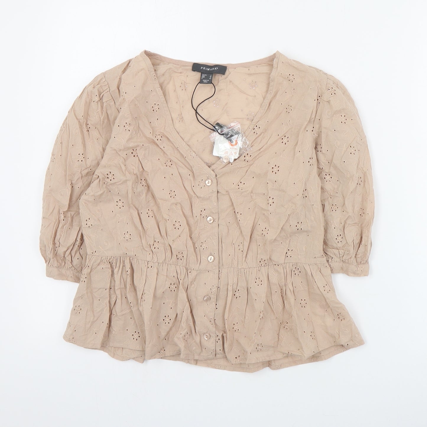 Primark Womens Beige  Cotton Basic Blouse Size 8 V-Neck