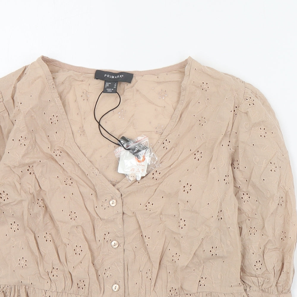 Primark Womens Beige  Cotton Basic Blouse Size 8 V-Neck