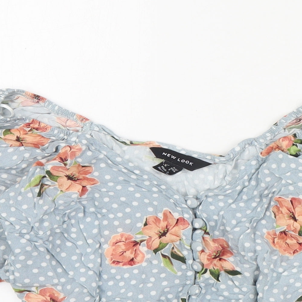 New Look Womens Blue Polka Dot Viscose Basic Blouse Size 6 V-Neck