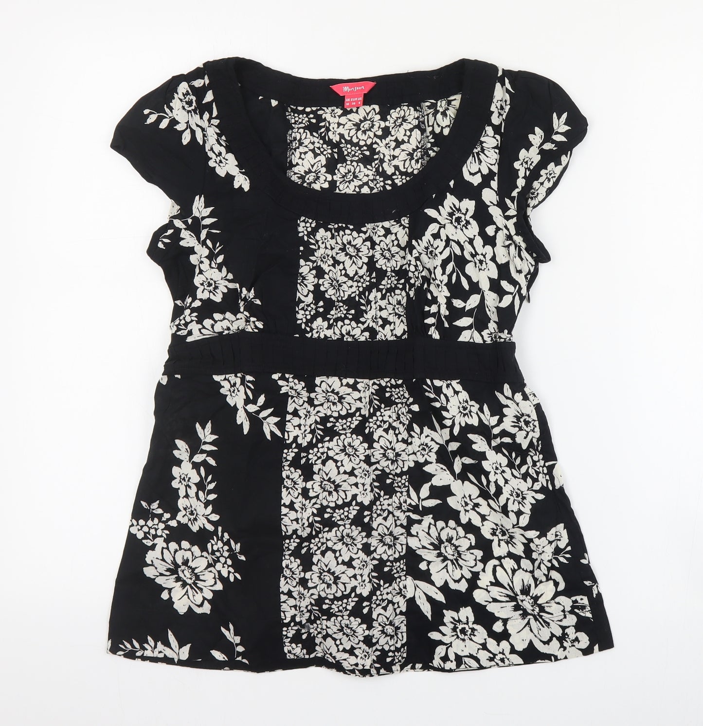 Monsoon Womens Black Floral Cotton Basic Blouse Size 10 Round Neck