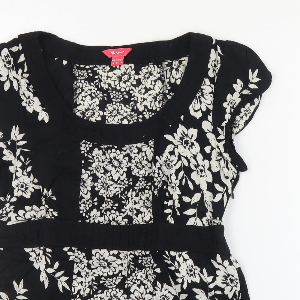 Monsoon Womens Black Floral Cotton Basic Blouse Size 10 Round Neck