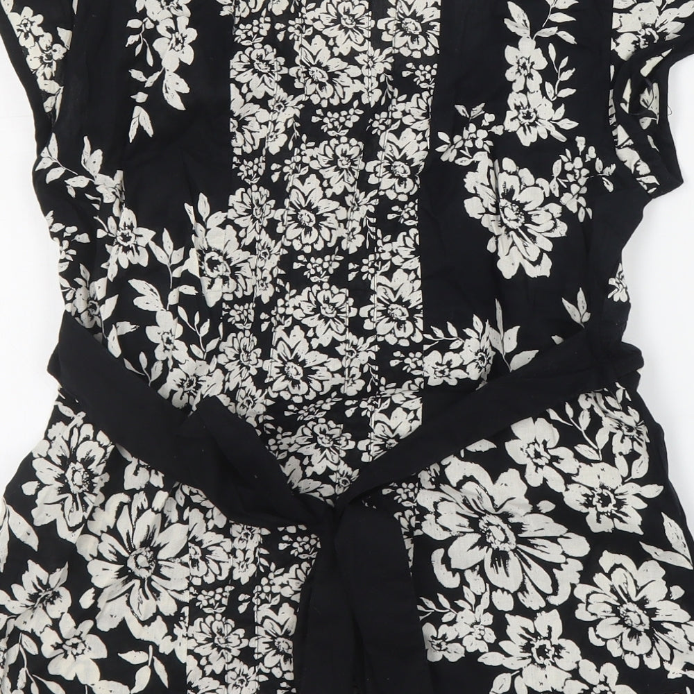 Monsoon Womens Black Floral Cotton Basic Blouse Size 10 Round Neck