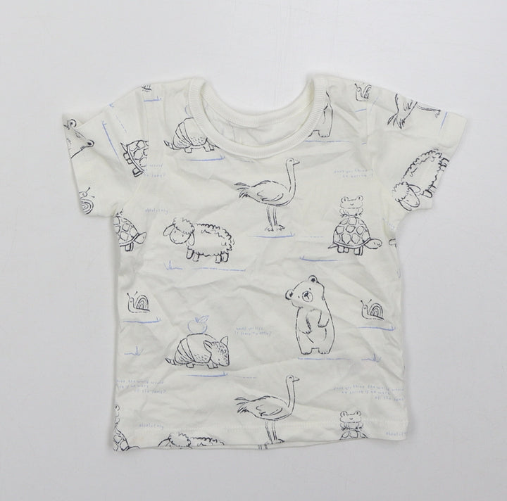 George Boys White  Cotton Basic T-Shirt Size 6-9 Months Crew Neck Pullover - Animals