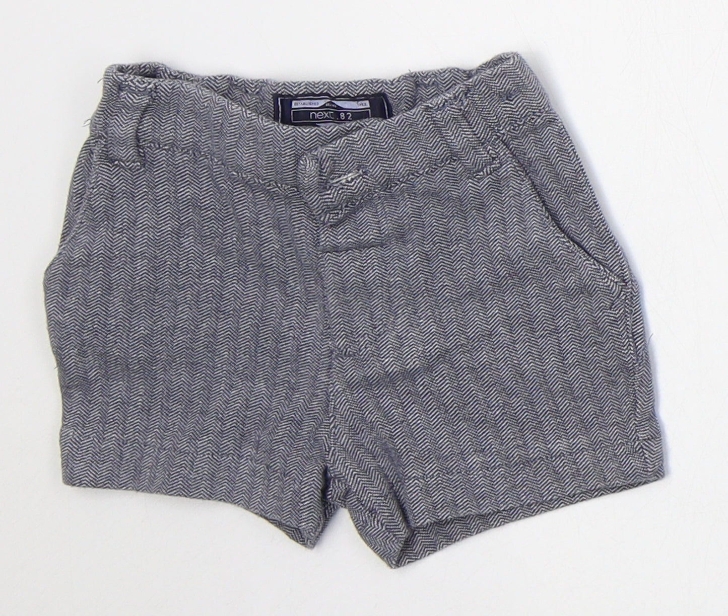 NEXT Boys Blue Herringbone Cotton Cropped Trousers Size 6-9 Months  Button