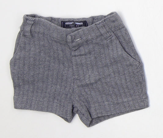 Front view of Next boys’ blue herringbone cotton cropped trousers, size 6-9, months button