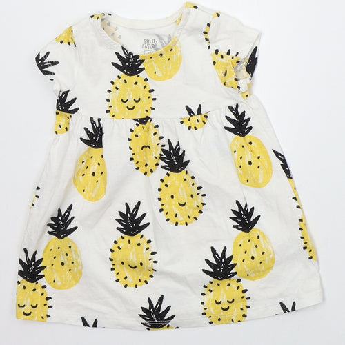 F&F Girls White  Cotton Skater Dress  Size 3-6 Months  Crew Neck Pullover - Pineapples