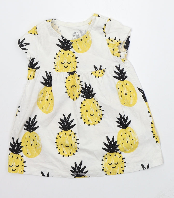F&F Girls White  Cotton Skater Dress  Size 3-6 Months  Crew Neck Pullover - Pineapples