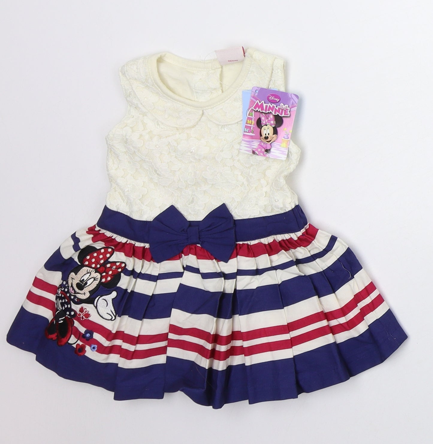 Matalan Girls Ivory Striped Nylon Skater Dress  Size 3-6 Months  Crew Neck Button - Minnie Mouse
