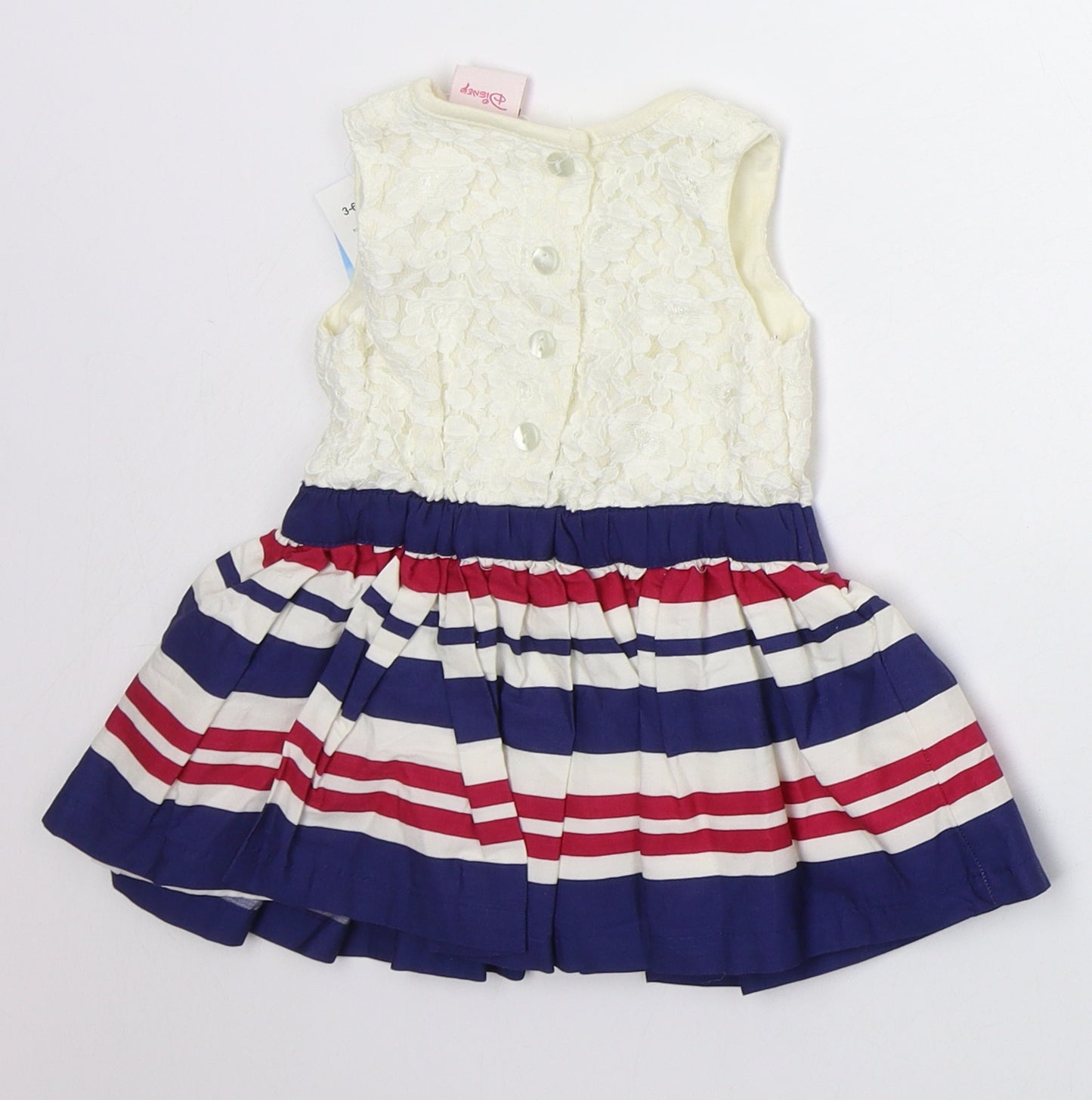 Matalan Girls Ivory Striped Nylon Skater Dress  Size 3-6 Months  Crew Neck Button - Minnie Mouse