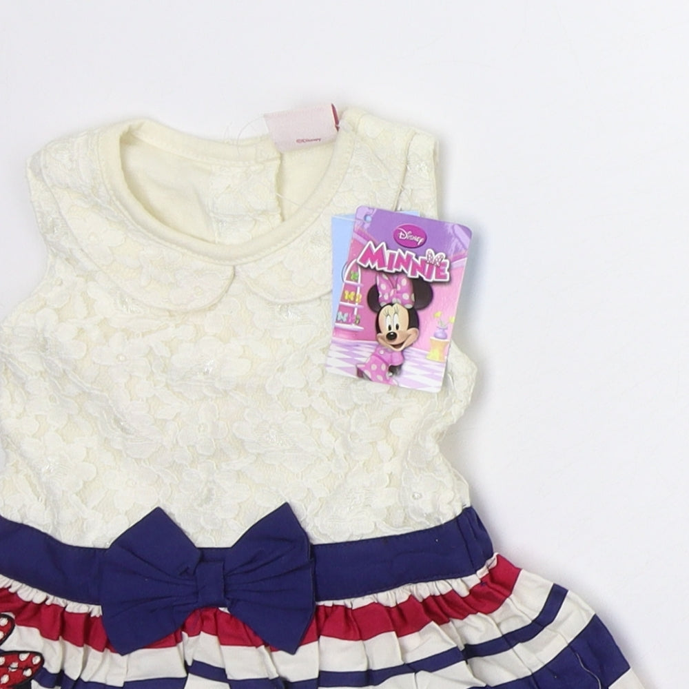 Matalan Girls Ivory Striped Nylon Skater Dress  Size 3-6 Months  Crew Neck Button - Minnie Mouse