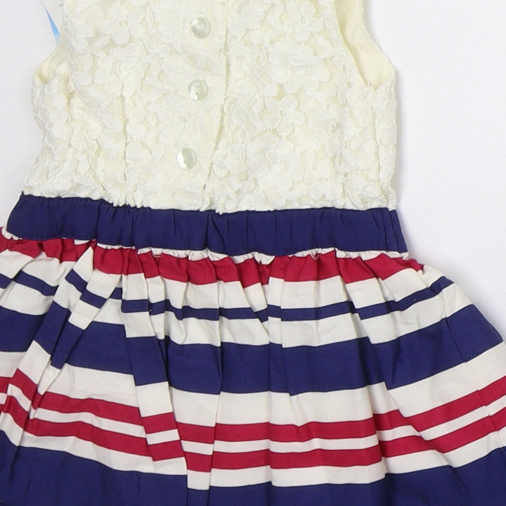 Matalan Girls Ivory Striped Nylon Skater Dress  Size 3-6 Months  Crew Neck Button - Minnie Mouse