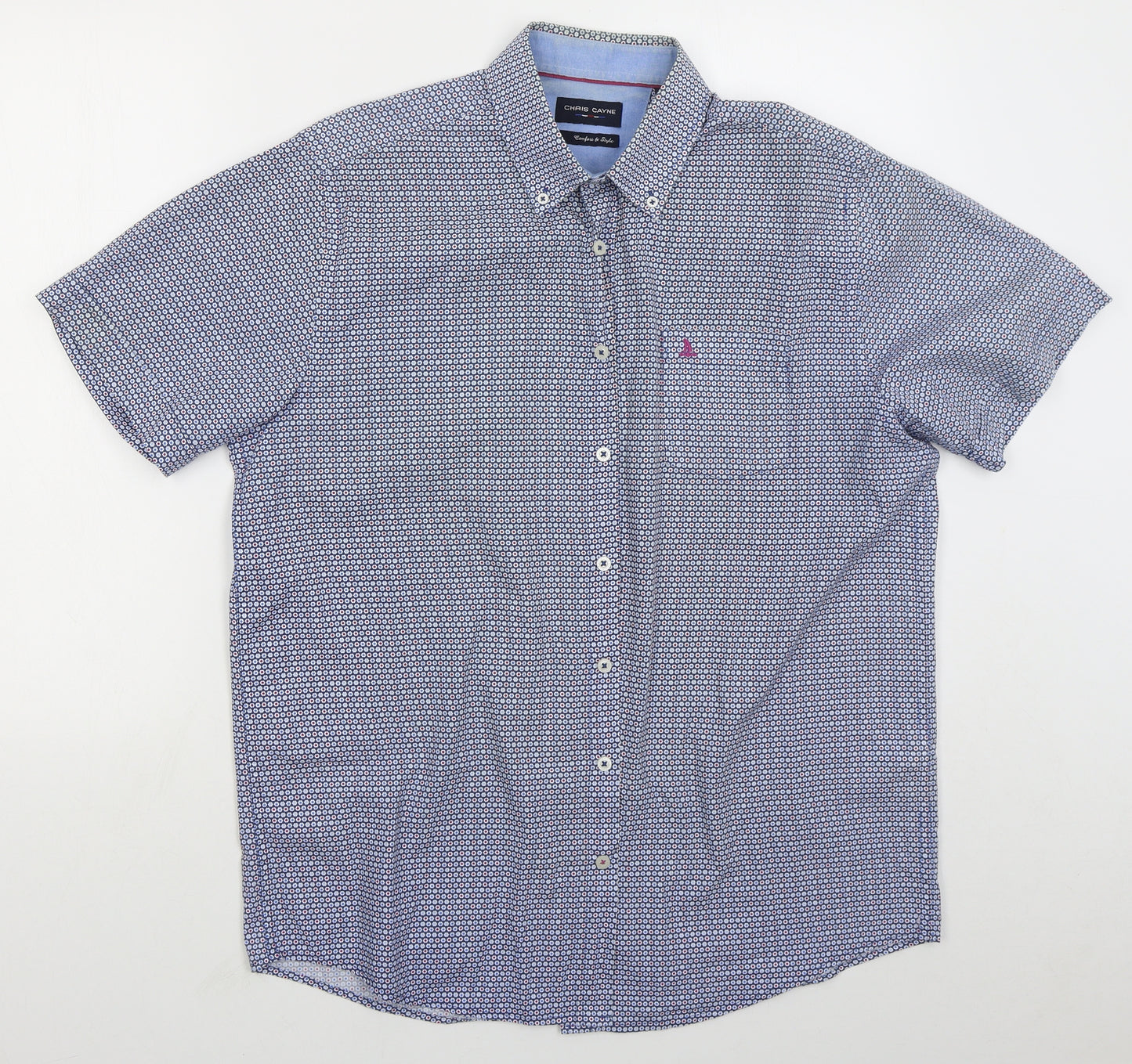 Chris Cayne Mens Blue Geometric Cotton  Button-Up Size L Collared Button