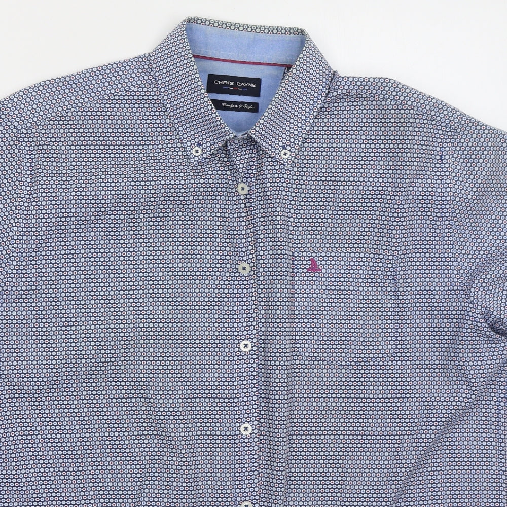 Chris Cayne Mens Blue Geometric Cotton  Button-Up Size L Collared Button