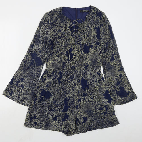 Fashion Union Womens Blue Paisley Polyester Playsuit One-Piece Size 10 L3 in Zip