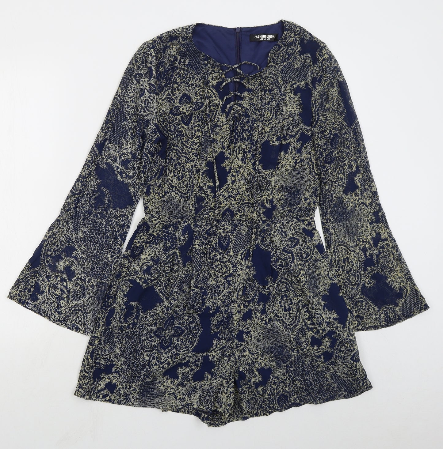 Fashion Union Womens Blue Paisley Polyester Playsuit One-Piece Size 10 L3 in Zip