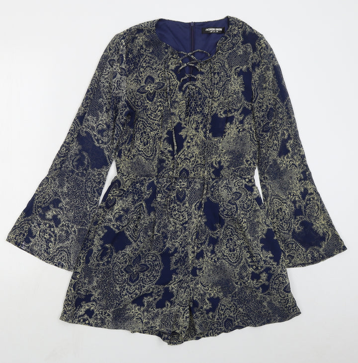Fashion Union Womens Blue Paisley Polyester Playsuit One-Piece Size 10 L3 in Zip