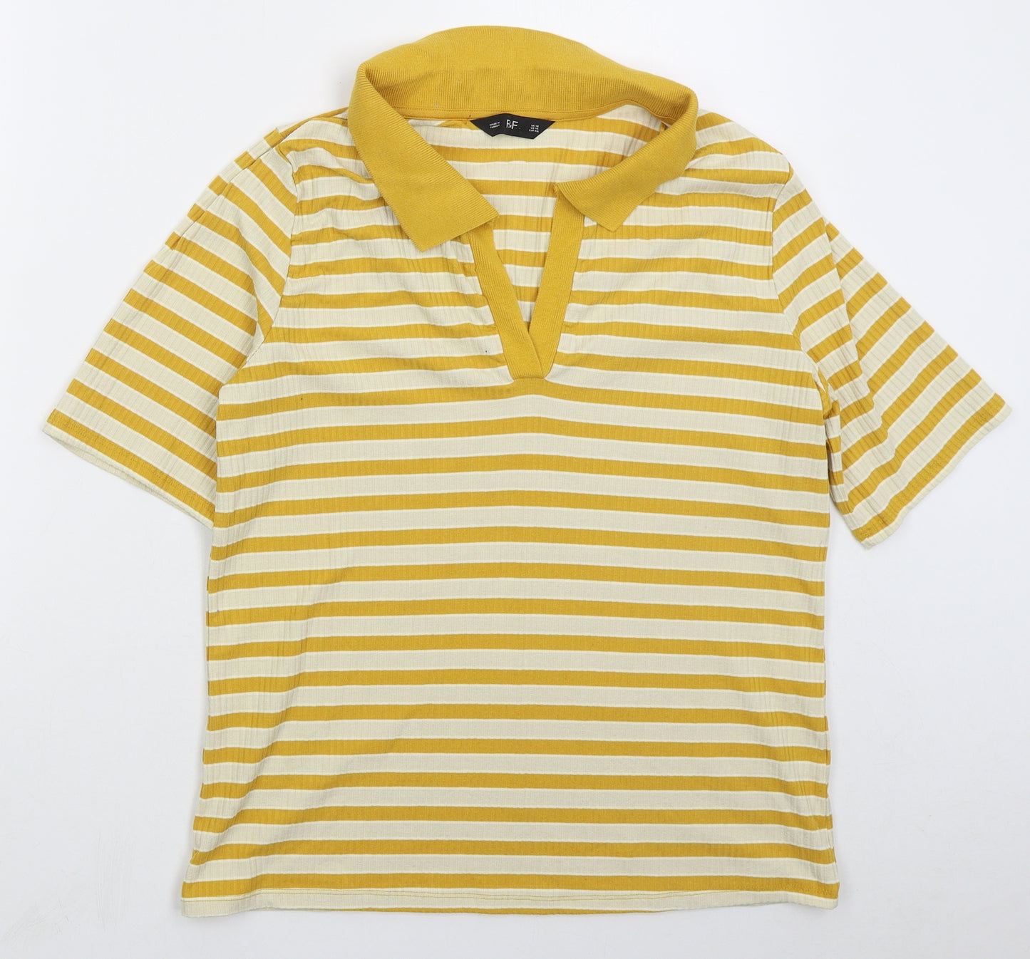 F&F Womens Yellow Striped Polyester Basic Polo Size 18 Collared