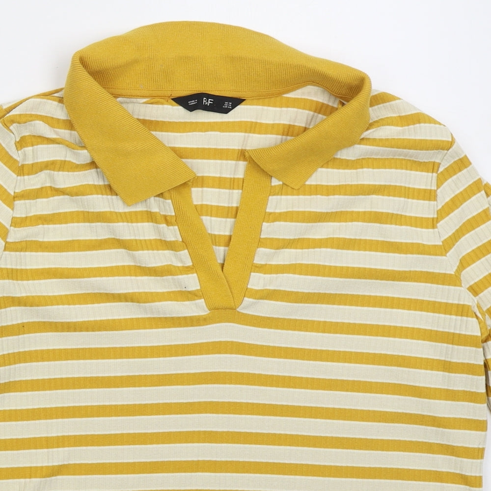 F&F Womens Yellow Striped Polyester Basic Polo Size 18 Collared