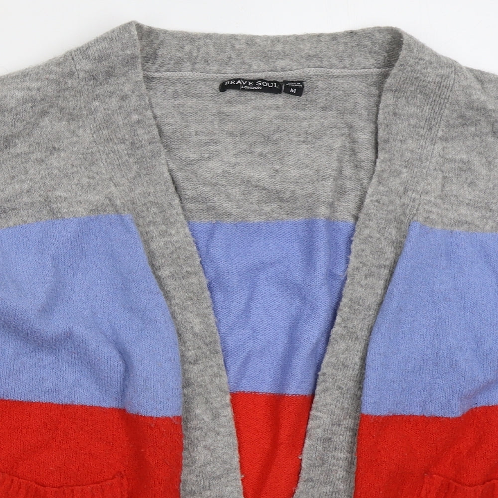 Brave Soul Womens Red V-Neck Striped Acrylic Cardigan Jumper Size M   - Blue