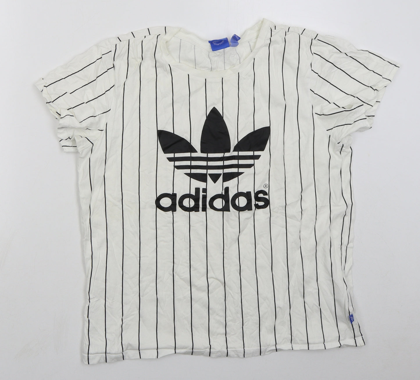 adidas Womens White Striped Cotton Basic T-Shirt Size 12 Crew Neck