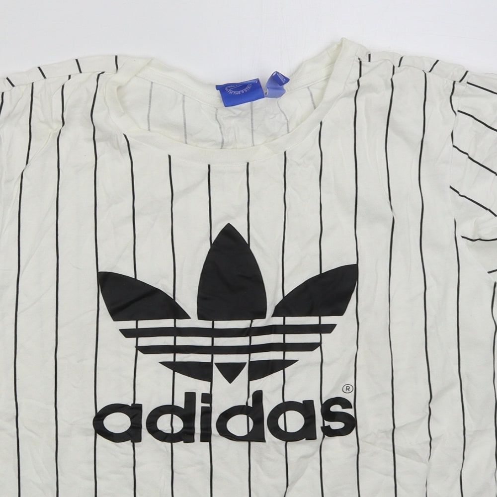 adidas Womens White Striped Cotton Basic T-Shirt Size 12 Crew Neck