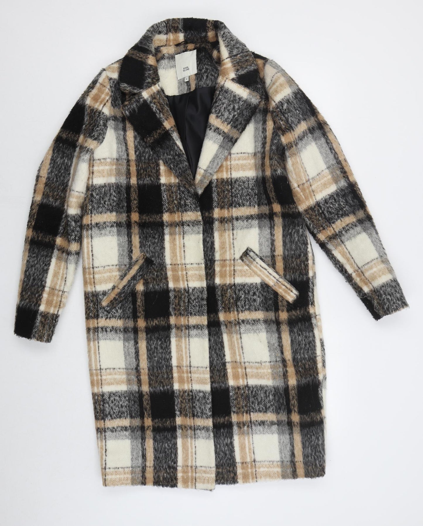 River Island Womens Beige Check  Overcoat Coat Size 8  Button
