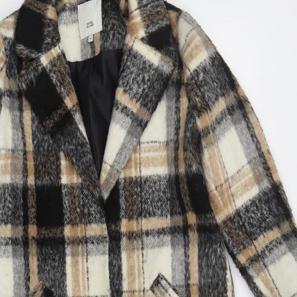 River Island Womens Beige Check  Overcoat Coat Size 8  Button