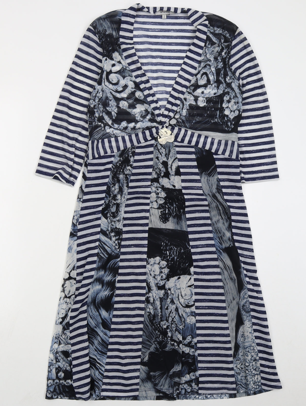 Arianna Womens Blue Striped Polyester A-Line  Size 12  V-Neck Pullover