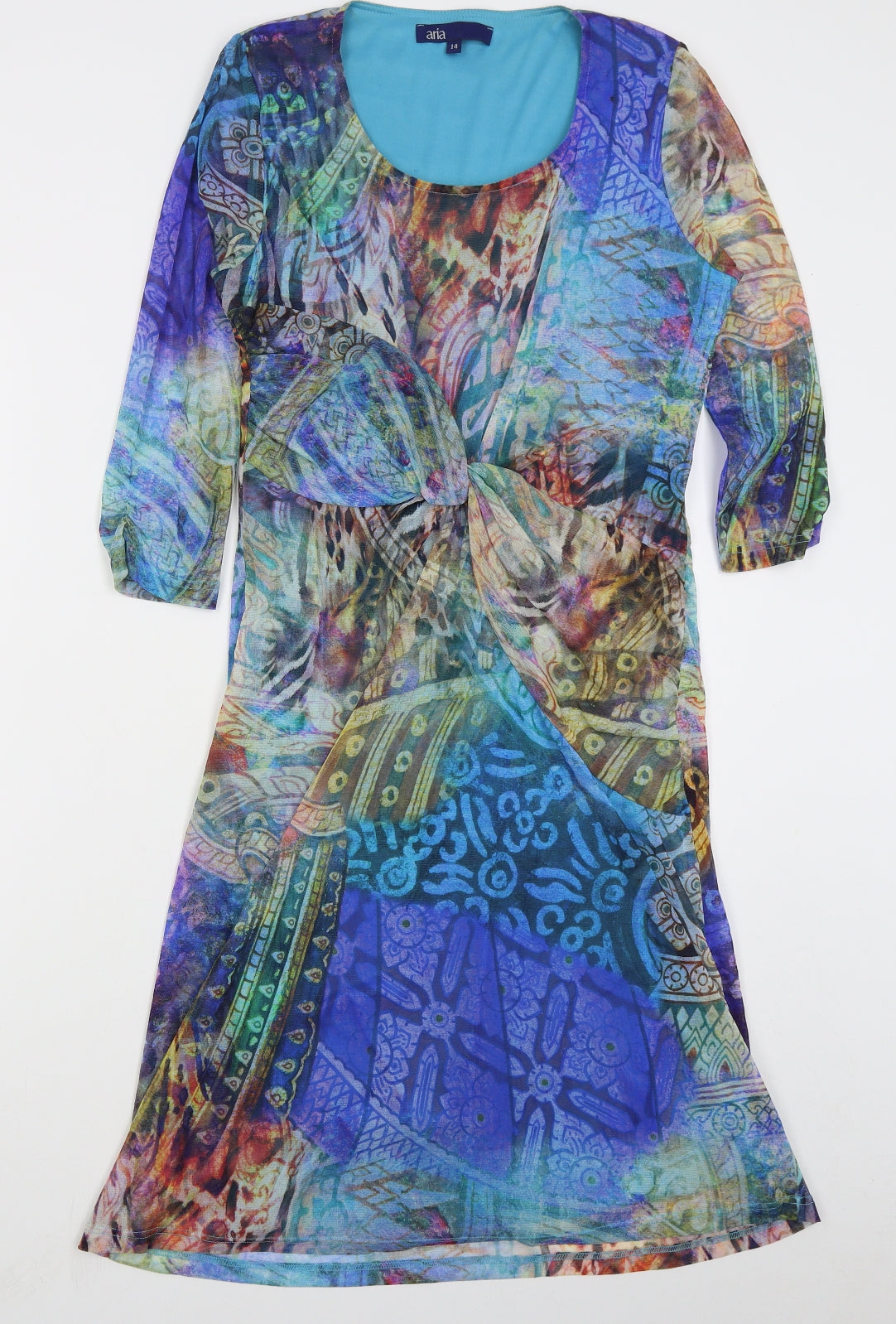 Aria Womens Blue Geometric Polyester A-Line  Size 14  Round Neck Pullover