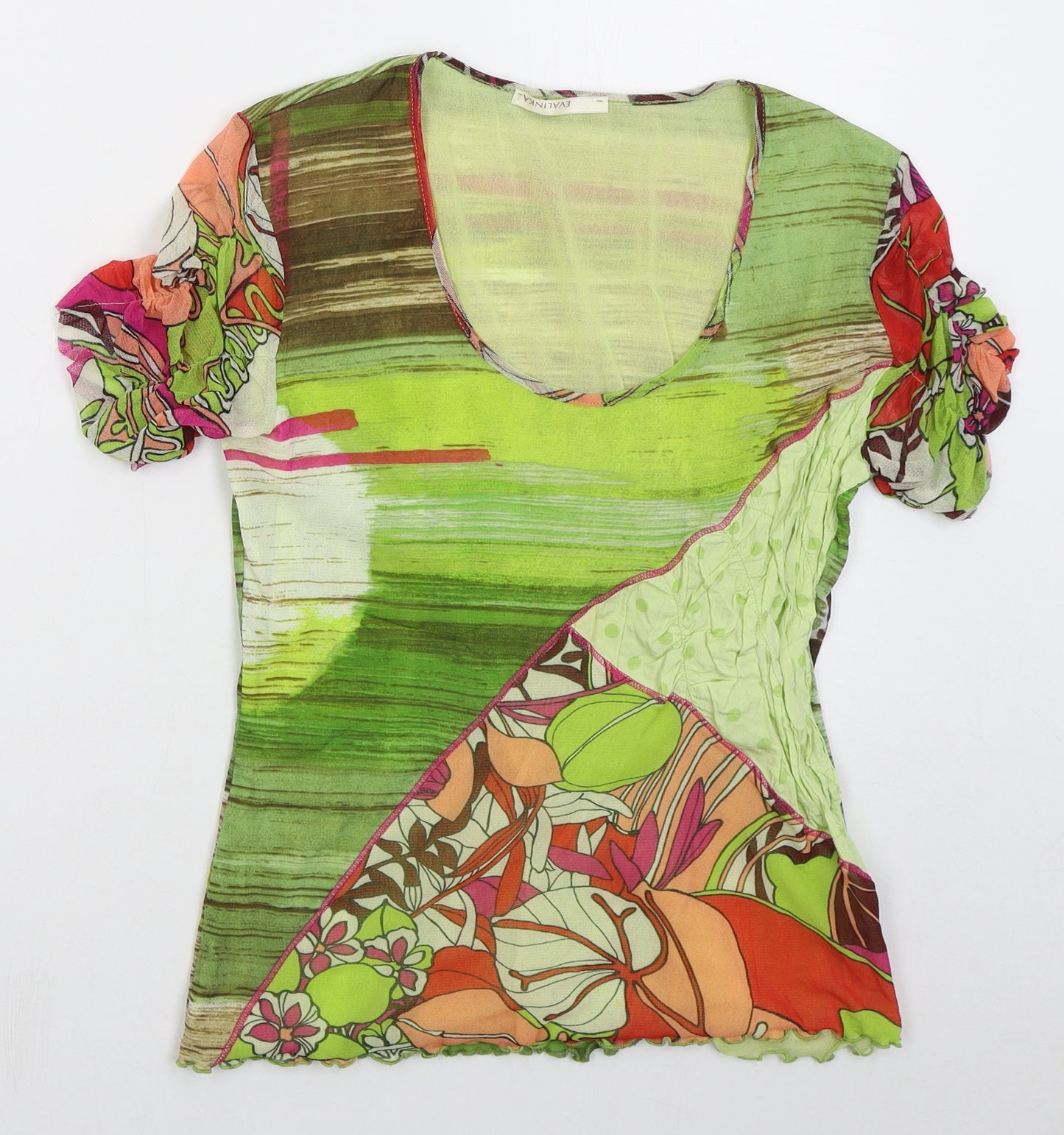Evalinka Womens Green Floral Nylon Basic T-Shirt Size M Round Neck