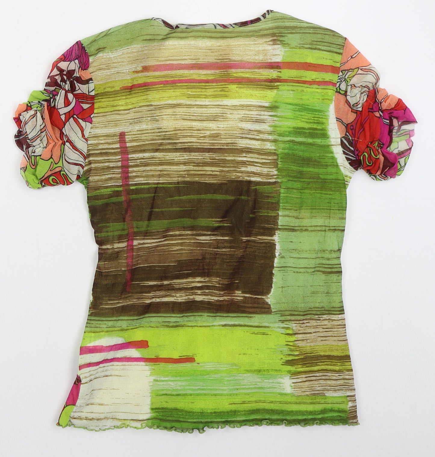 Evalinka Womens Green Floral Nylon Basic T-Shirt Size M Round Neck